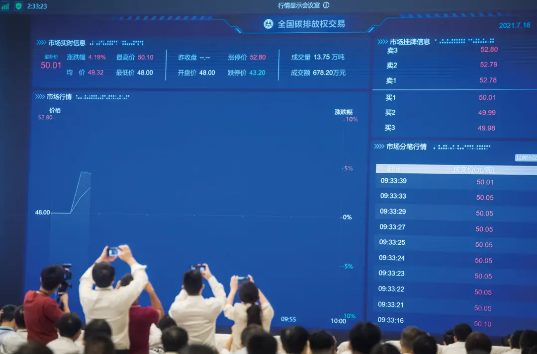 2021年7月16日，全國碳排放權(quán)交易市場上線交易啟動儀式以視頻連線形式舉行，在北京設(shè)主會場，在上海和湖北設(shè)分會場。圖/新華